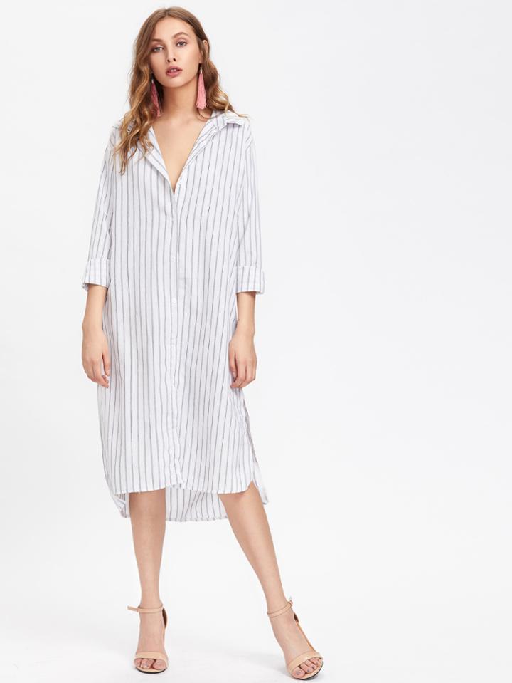 Shein Vertical Striped Slit Side Dip Hem Shirt Dress