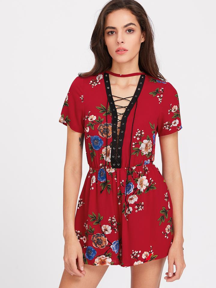 Shein Plunge Neck Floral Print Eyelet Lattice Romper