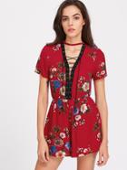 Shein Plunge Neck Floral Print Eyelet Lattice Romper