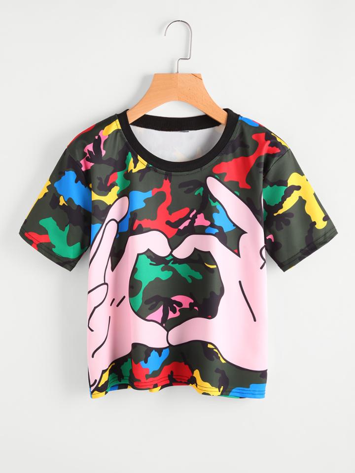 Shein Love Gesture Print Camo Tee