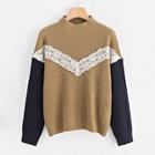 Shein Lace Applique Contrast Sleeve Sweater