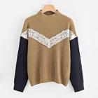 Shein Lace Applique Contrast Sleeve Sweater