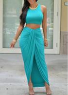 Rosewe Blue Crop Tank Top And Twisted Skirt Set