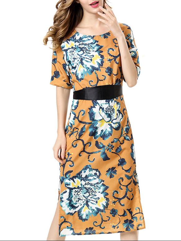 Shein Khaki Flowers Print Split Dress