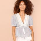 Shein Lace Insert Plunging Neck Tassel Tie Front Striped Top