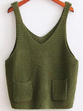 Shein Army Green Strap Knit Cami Top With Pocket