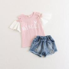 Shein Girls Bow Cuff Striped Tee With Shorts