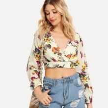 Shein Floral Print Overlap Back Crop Blouse