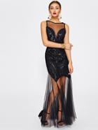 Shein Illusion Neckline Open Back Mesh Contrast Sequin Dress