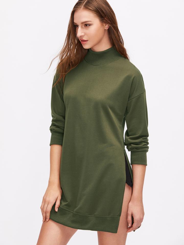 Shein Army Green Ribbed Trim Drop Shoulder High Slit Sweatshirt