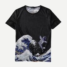 Shein Men Wave & Animals Print Tee