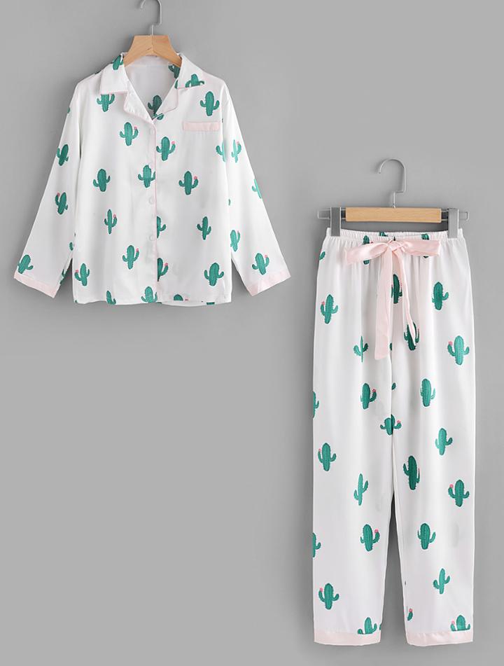 Shein Cactus Print Top And Drawstring Waist Pants