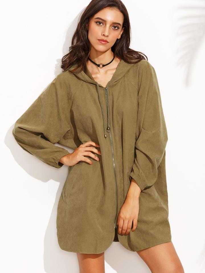 Shein Zipper Front Dolphin Hem Hooded Outerwear