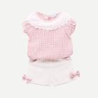 Shein Toddler Girls Eyelet Embroidered Plaid Top With Bow Derail Shorts