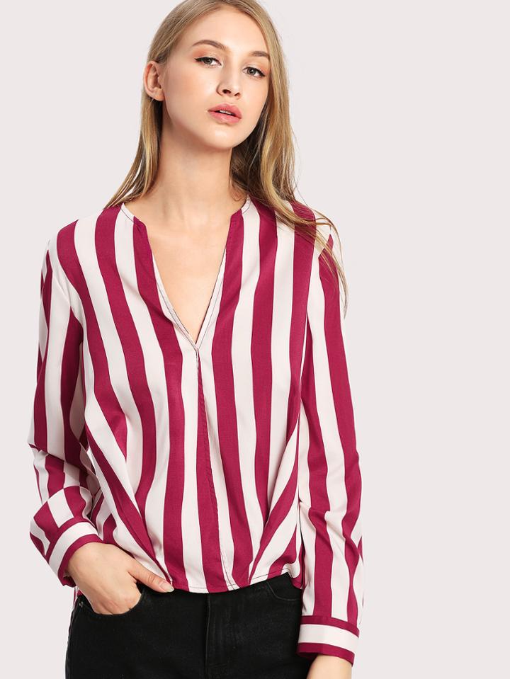 Shein Striped Curved Dip Hem Blouse