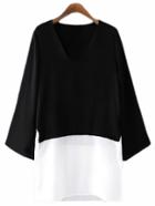 Shein Black White V Neck Bell Sleeve Blouse