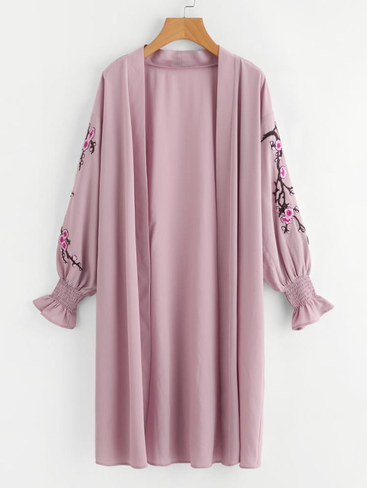 Shein Blossom Embroidery Patch Shirred Cuff Duster Coat