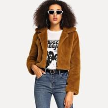 Shein Solid Notched Crop Teddy Coat