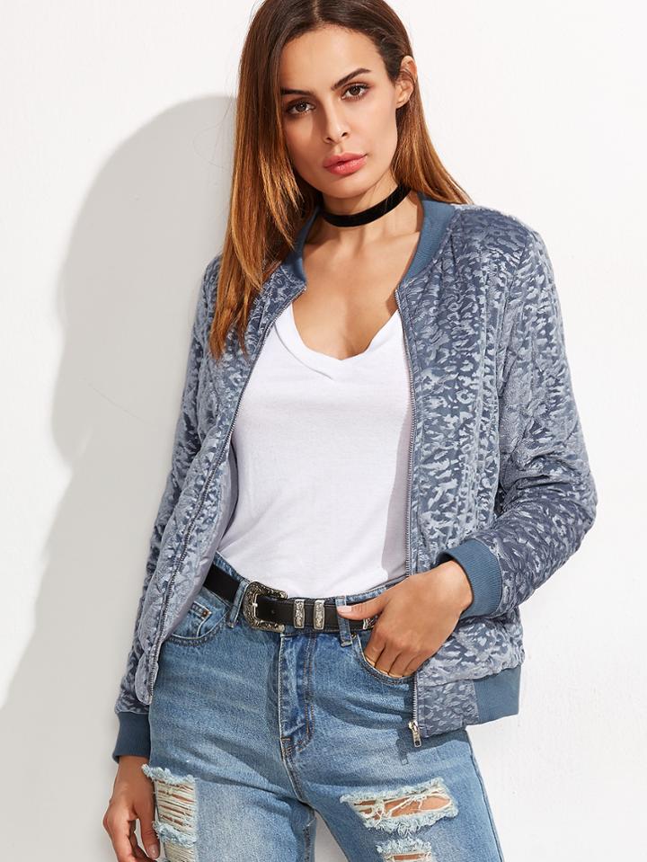 Shein Blue Printed Quilted Velvet Bomber Jacket