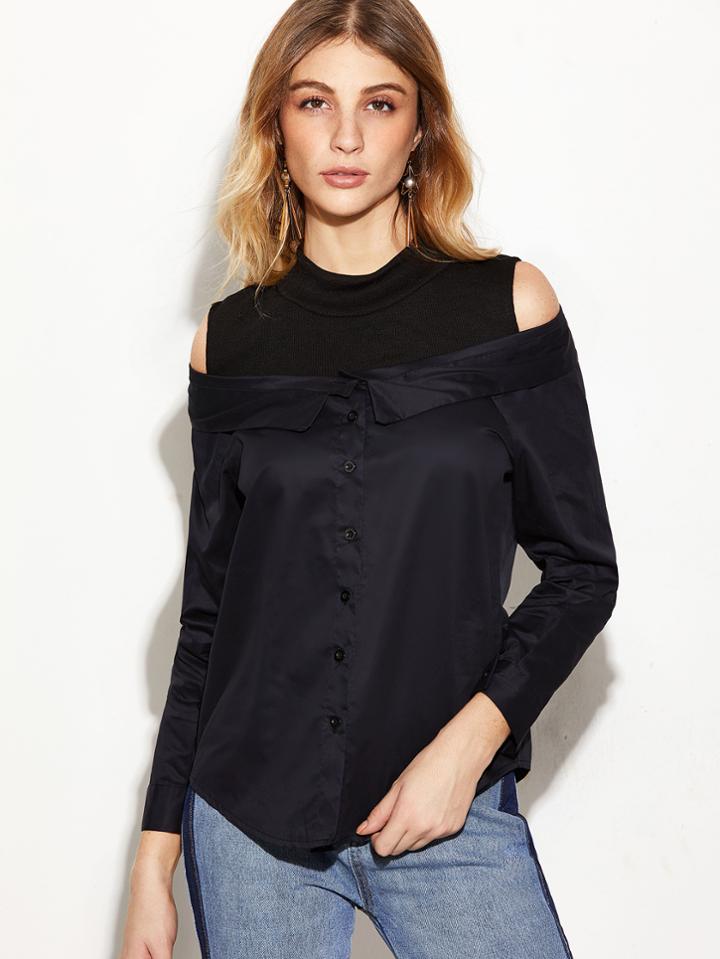 Shein Contrast Open Shoulder 2 In 1 Blouse
