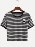 Shein Dark Grey Striped Saucerman Embroidered Contrast Trim T-shirt
