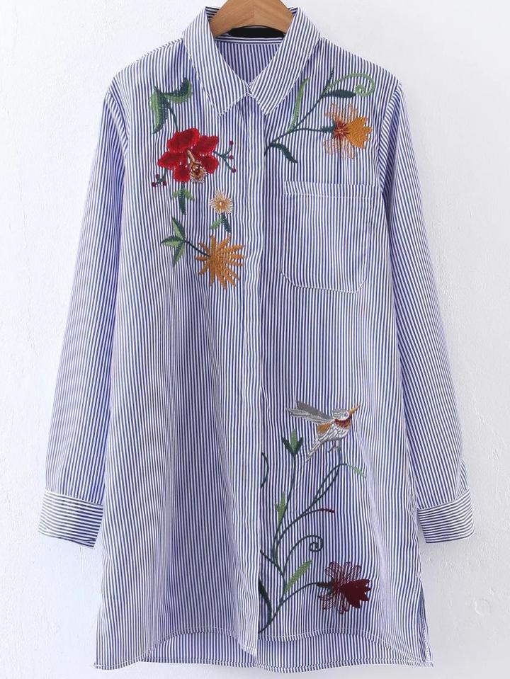 Shein Vertical Striped Embroided Shirt Dress