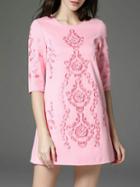 Shein Pink Vintage Embroidered Pockets Shift Dress