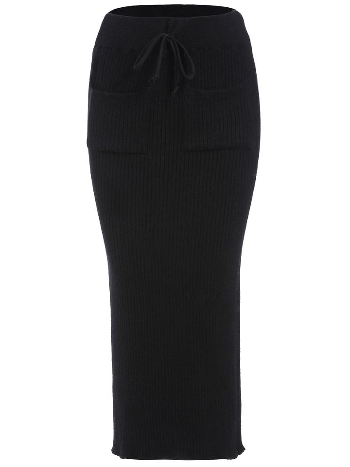 Shein Black Drawstring Waist Pockets Sweater Skirt