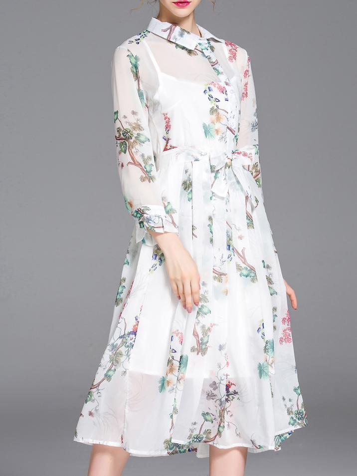 Shein White Lapel Tie-waist Two-pieces Floral Dress