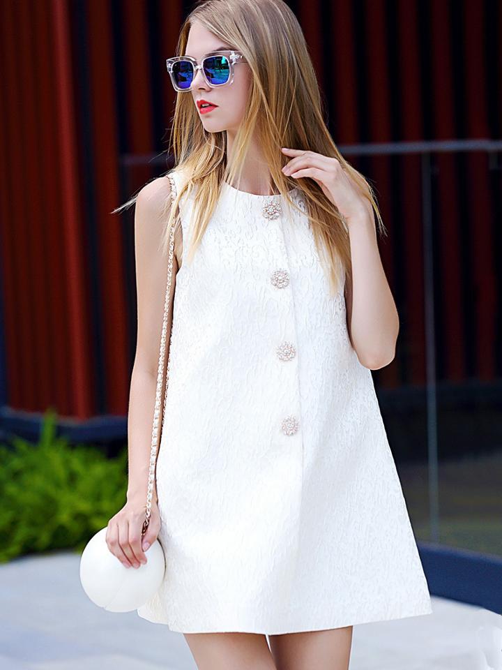 Shein Beige Round Neck Sleeveless Jacquard Dress