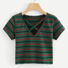 Shein Criss Cross Striped Crop Tee