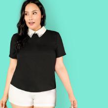 Shein Plus Contrast Collar Pearl Detail Top