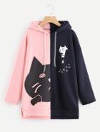 Shein Cat Print Two Tone Patch Hoodie