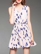 Shein Apricot V Neck Elastic-waist Pleated Print Dress