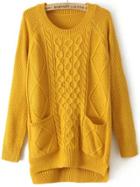 Shein Yellow Round Neck Pockets Cable Knit Sweater