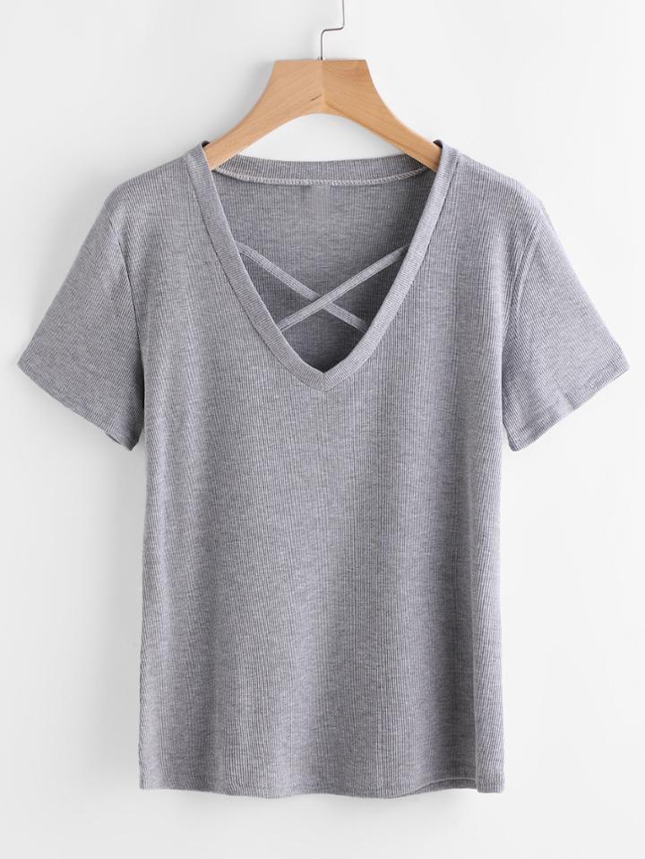 Shein V Neckline Criss Cross Front Knitted Tee