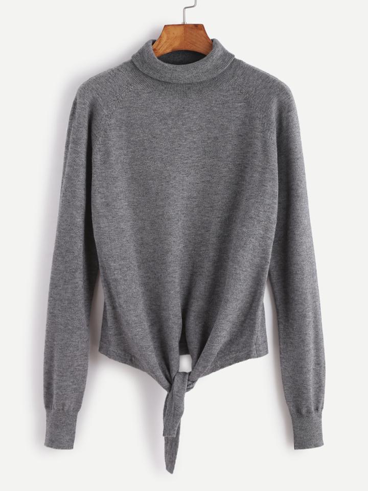 Shein Grey Turtleneck Raglan Sleeve Knot Front Sweater