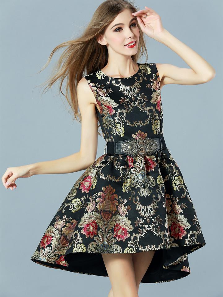 Shein Black Round Neck Sleeveless Drawstring Embroidered High Low Dress