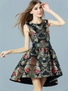 Shein Black Round Neck Sleeveless Drawstring Embroidered High Low Dress