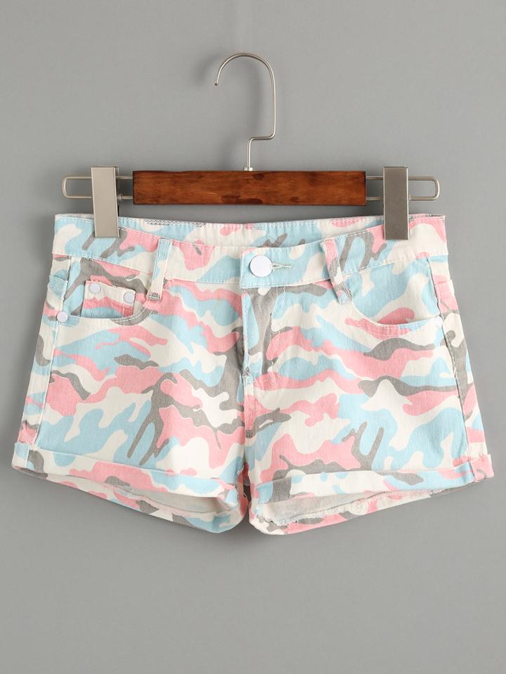 Shein Pink Camo Roll Hem Denim Shorts