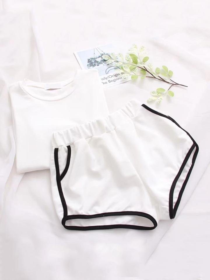 Shein Striped Sleeve Tee With Elastic Waist Ringer Shorts