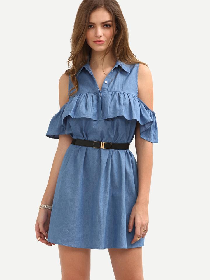 Shein Blue Cold Shoulder Roll-up Collar Ruffle Dress