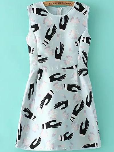 Shein Light Blue Sleeveless Hands Print Dress