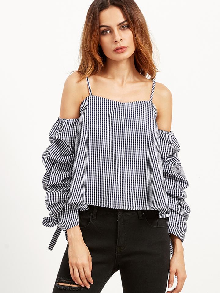 Shein Navy Gingham Billow Sleeve Cold Shoulder Top