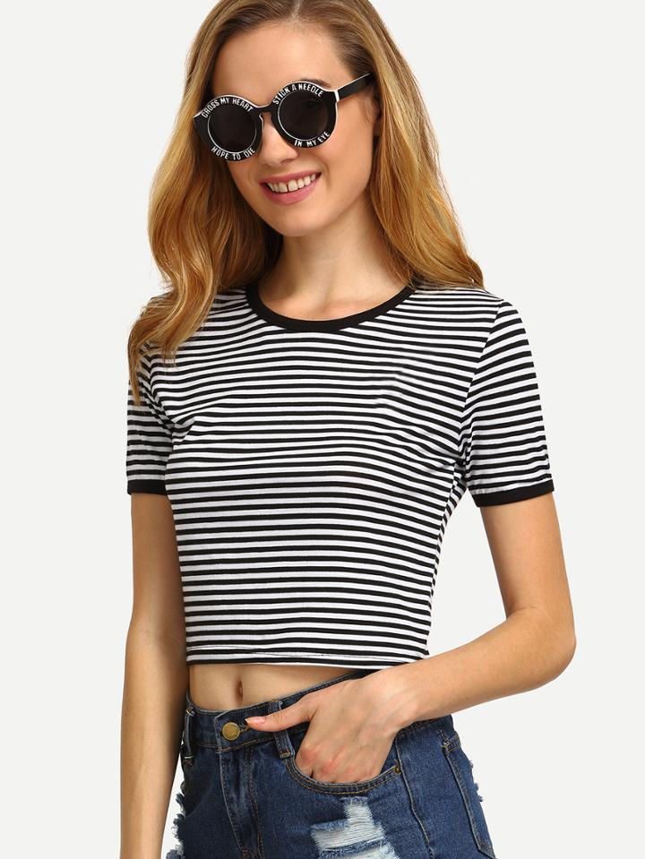 Shein Black And White Stripe Short Sleeve Crop Top