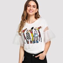 Shein Lace Contrast Bow Cartoon Print Tee