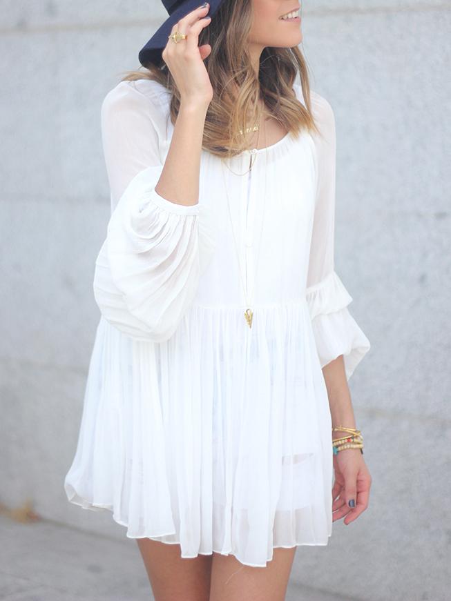 Shein Beige Puff Sleeve Pleated Dress