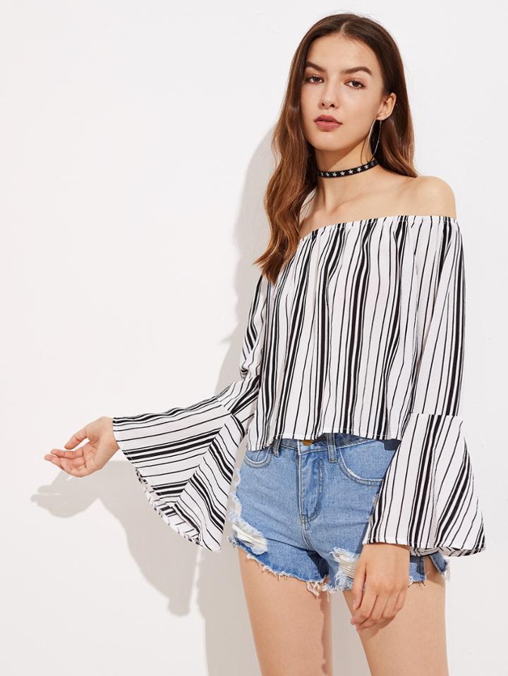 Shein Bardot Flute Sleeve Barcode Stripe Top