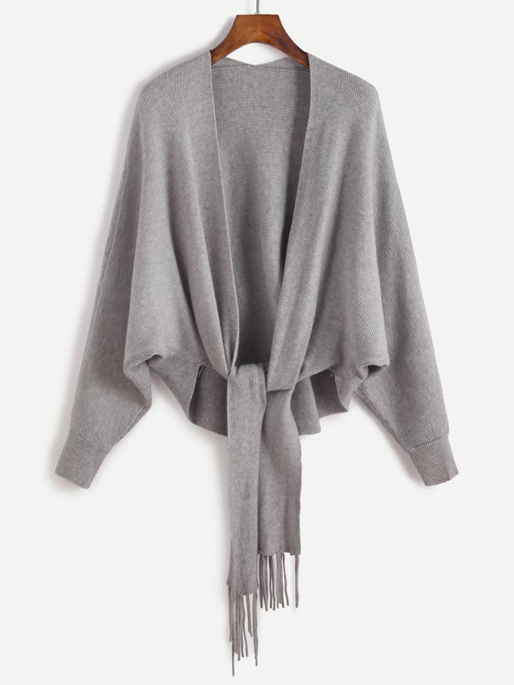 Shein Grey Batwing Sleeve Fringe Trim Cardigan