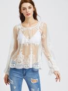 Shein Buttoned Keyhole Back Bell Cuff Embroidered Mesh Top